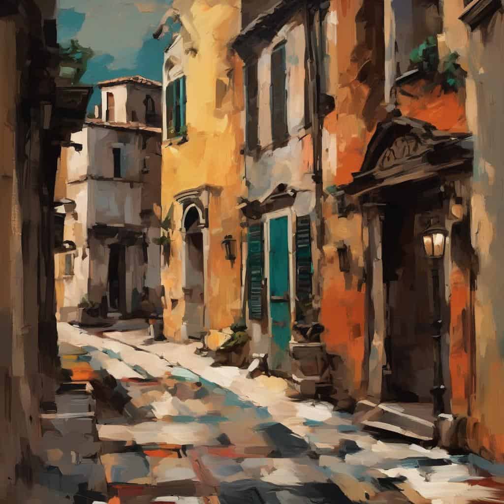 Παλιό καλοκαιρινό σκηνικό με μεσαιωνικά κτίρια, ζωγραφισμένο με πλακάκια και λαμπερά χρώματα, αναπαριστώντας την ιστορία της τέχνης και τους μεγάλους καλλιτέχνες.