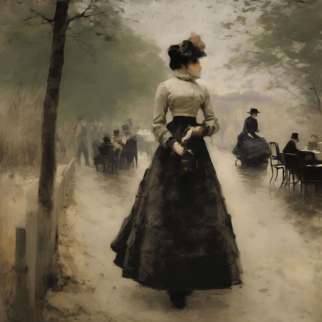 Ανθρώπινη μορφή γυναίκας σε παλαιά σκηνή με ανθρώπους σε καφενείο, ζωγραφισμένη με ρεαλισμό και λεπτομέρεια.