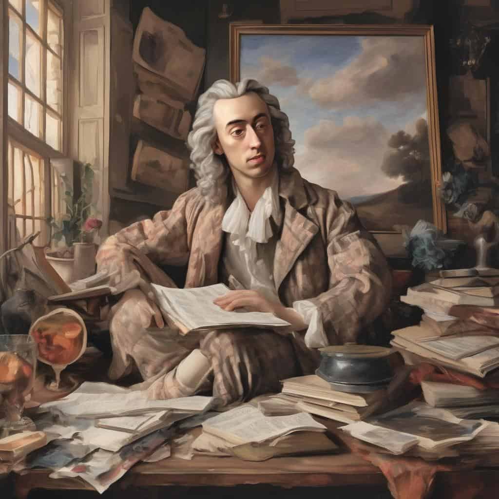 Μεγάλος καλλιτέχνης στην ιστορία της τέχνης, ανδρική φιγούρα σε στούντιο, εμπνευσμένο πορτρέτο, με πινέλα και καμβάδες, σε έναν περίτεχνο χώρο με βιβλία και έργα τέχνης, εκπέμπει δημιουργικότητα και τέχνη.