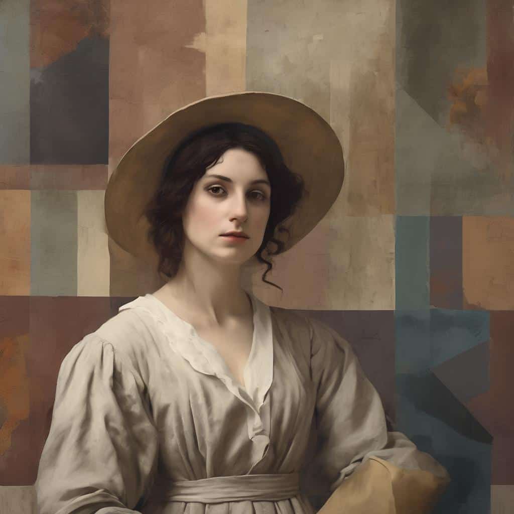 Πορτρέτο γυναίκας με καπέλο και ρετρό ρούχα, έργο μεγάλης τέχνης, ιστορική εικαστική δημιουργία.