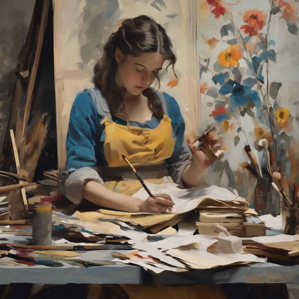 Καλλιτέχνιδα ζωγραφίζει σε στούντιο με έργα τέχνης και χρώματα, εμπνευσμένη από μεγάλους καλλιτέχνες της ιστορίας της τέχνης, δημιουργώντας μοναδικά εικαστικά αριστουργήματα.