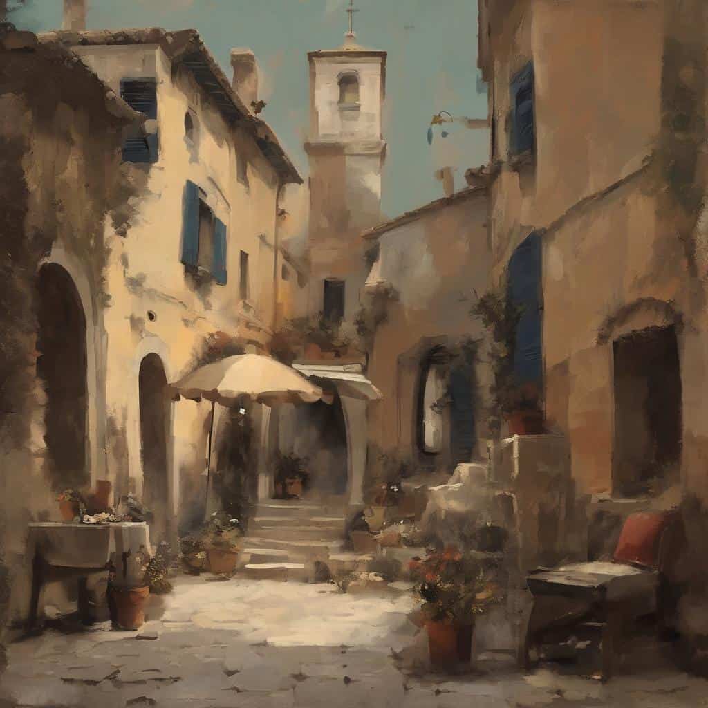 Αντίγραφο παλαιού ευρωπαϊκού σκηνικού με γραφικά σπίτια και πλακόστρωτο δρόμο, σε ήρεμο και ρομαντικό ύφος.